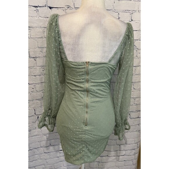 Haute Mode Ruched Off Sleeve Mint Green Bodycon Dress Puff Sleeve Zip Back Small - Picture 4 of 7